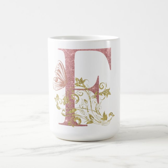 Pink Glitter Floral Letter F  Coffee Mug (Center)