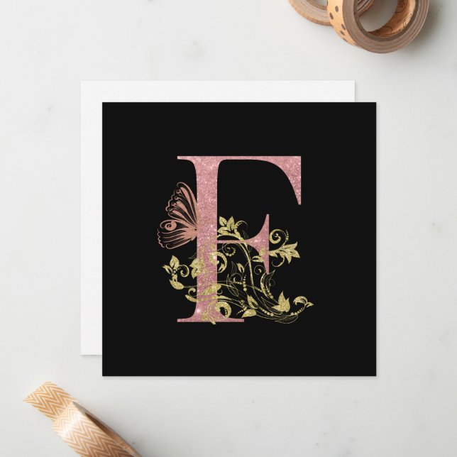 Pink Glitter Floral Letter F  Flat Square Card (Front/Back In Situ)