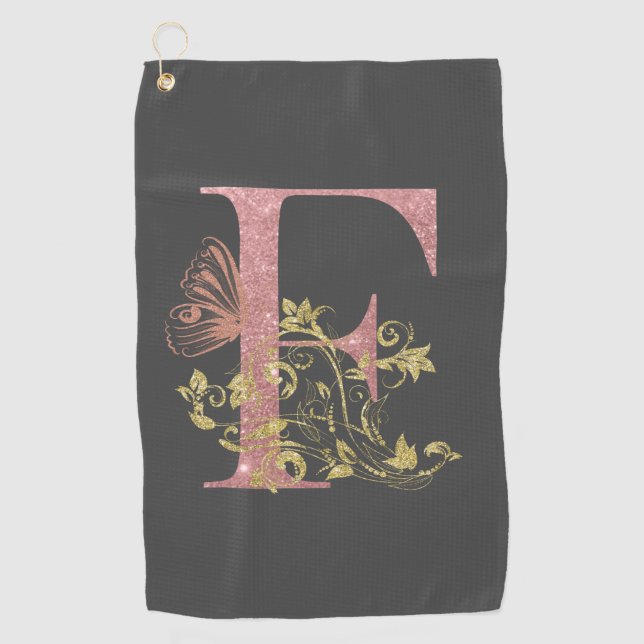 Pink Glitter Floral Letter F  Golf Towel (Front)