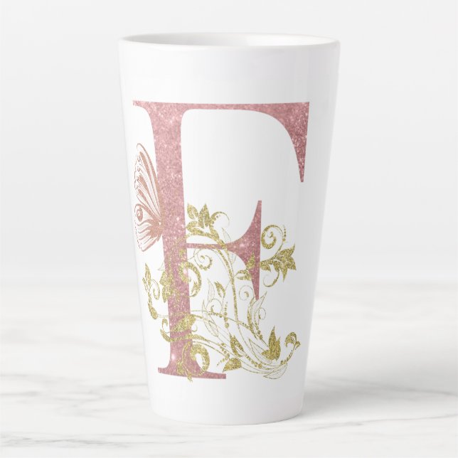 Pink Glitter Floral Letter F  Latte Mug (Front)