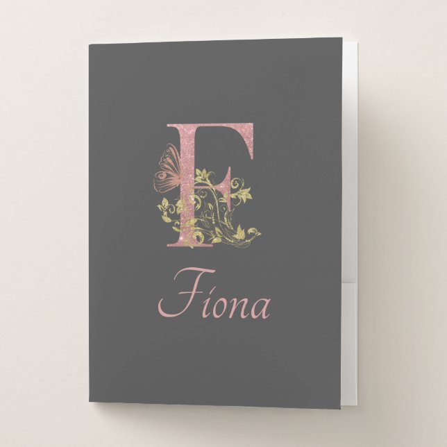 Pink Glitter Floral Letter F  Pocket Folder (Front)