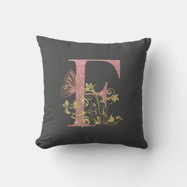Pink Glitter Floral Letter F   Throw Pillow (Front)