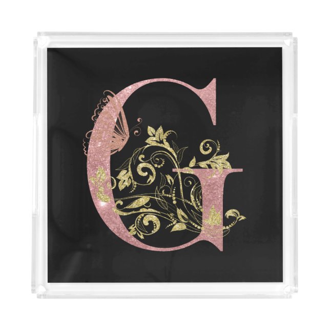 Pink Glitter Floral Letter G   Acrylic Tray (Front)