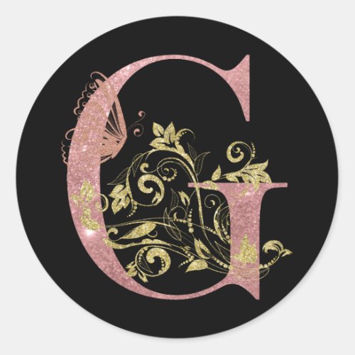 Pink Glitter Floral Letter G  Classic Round Sticker