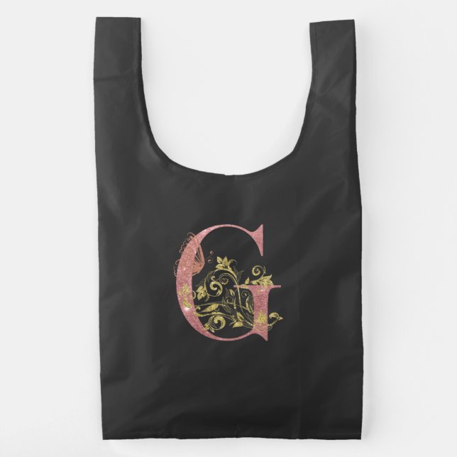 Pink Glitter Floral Letter G  Reusable Bag (Back)