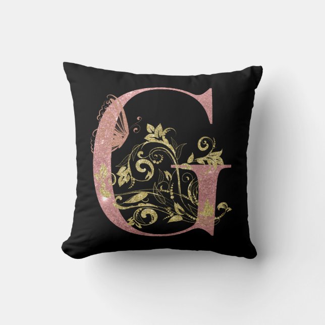 Pink Glitter Floral Letter G Throw Pillow (Front)