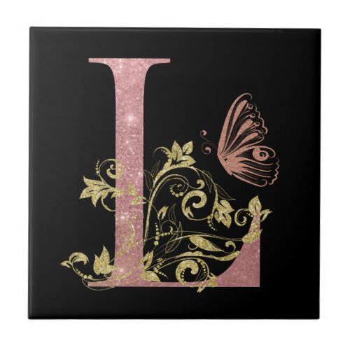 Pink Glitter Floral Letter L  Ceramic Tile