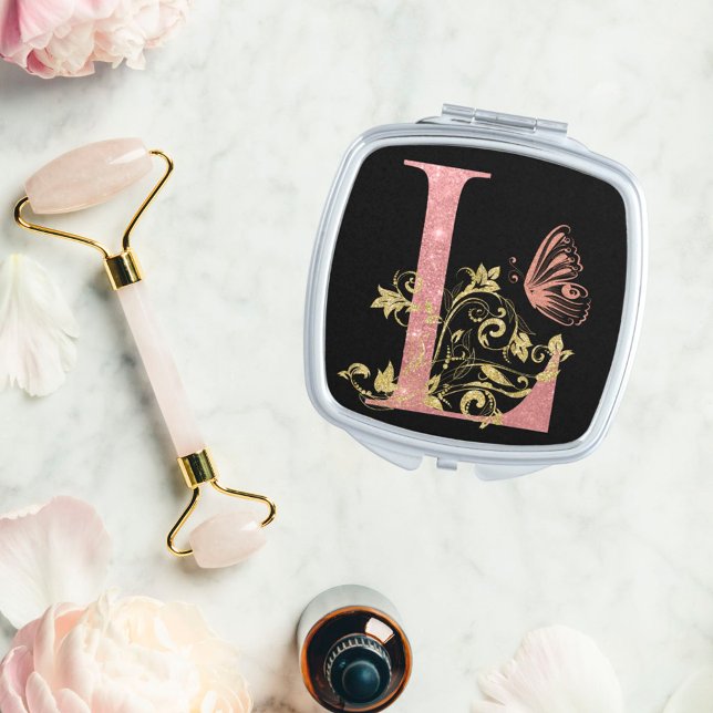 Pink Glitter Floral Letter L  Compact Mirror (Creator Uploaded)