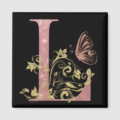 Pink Glitter Floral Letter L  Magnet