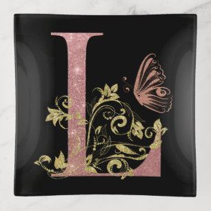 Pink Glitter Floral Letter L Trinket Tray