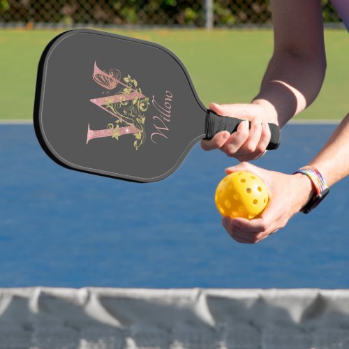 Pink Glitter Floral Letter W  Pickleball Paddle