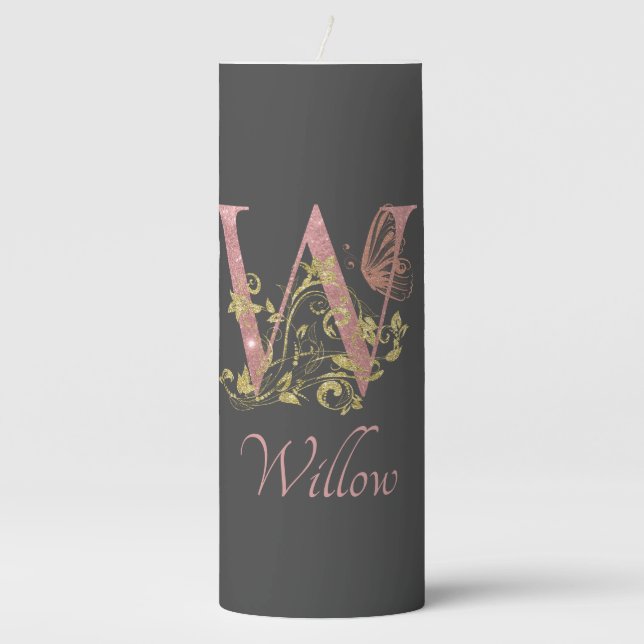 Pink Glitter Floral Letter W  Pillar Candle (Front)