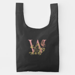 Pink Glitter Floral Letter W Reusable Bag