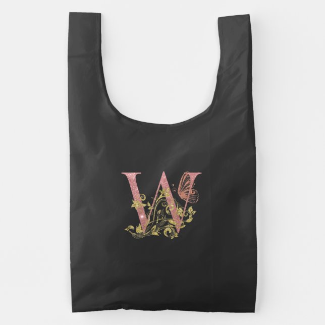 Pink Glitter Floral Letter W   Reusable Bag (Front)
