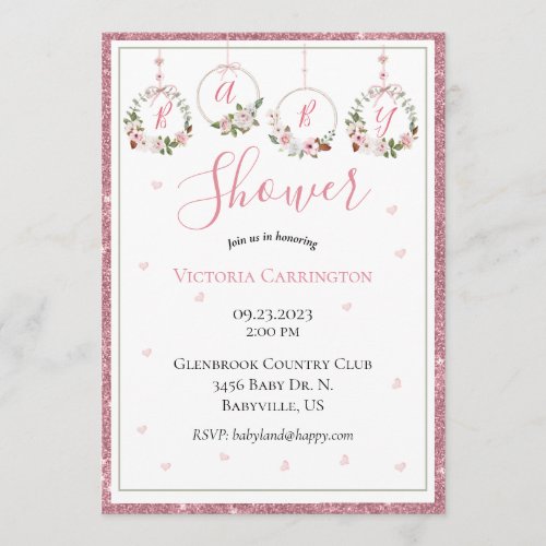 Pink Glitter Floral Watercolor Hearts Baby Shower Invitation