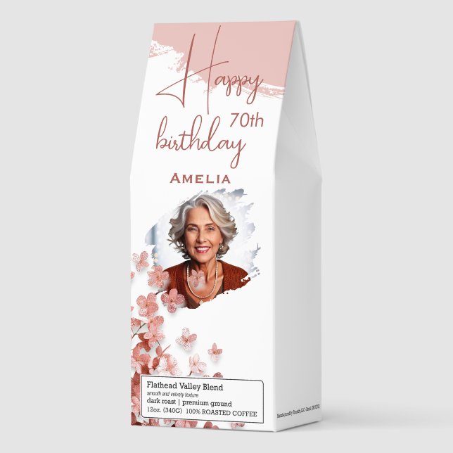 Pink Glitter Flowers Brushstroke Photo Birthday Roasted Coffee (Front)