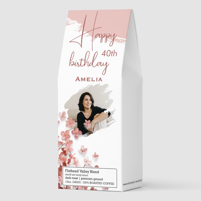 Pink Glitter Flowers Brushstroke Photo Birthday Roasted Coffee (Front)