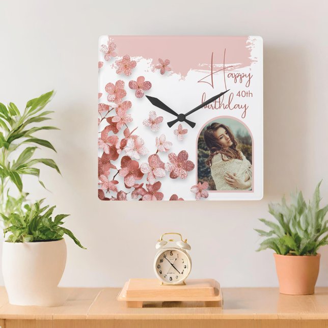 Pink Glitter Flowers Floral 40th Birthday Photo Square Wall Clock (Creator Uploaded)