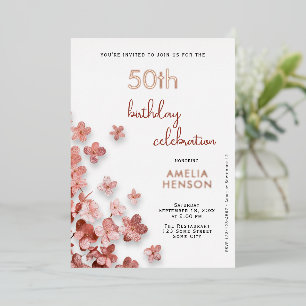  Pink Glitter Flowers Floral 50th Birthday Foil Invitation