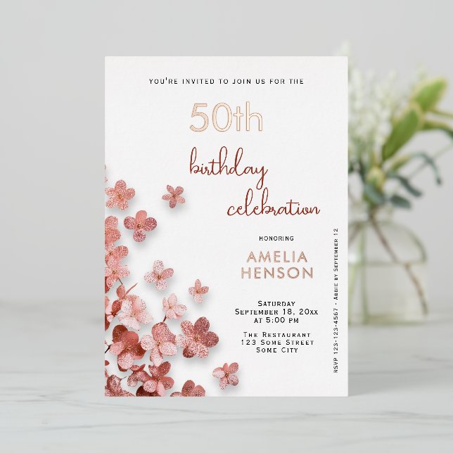  Pink Glitter Flowers Floral 50th Birthday Foil Invitation (Standing Front)