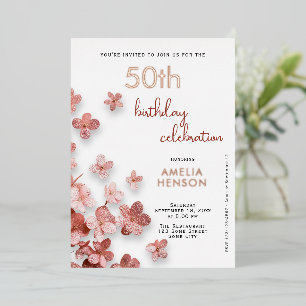 Pink Glitter Flowers Floral 50th Birthday Foil Invitation