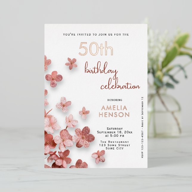  Pink Glitter Flowers Floral 50th Birthday Foil Invitation (Standing Front)