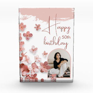 Pink Glitter Flowers Floral 50th Birthday Photo Block