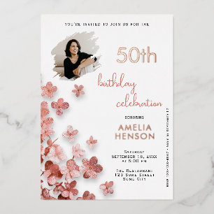  Pink Glitter Flowers Floral 50th Birthday Photo Foil Invitation