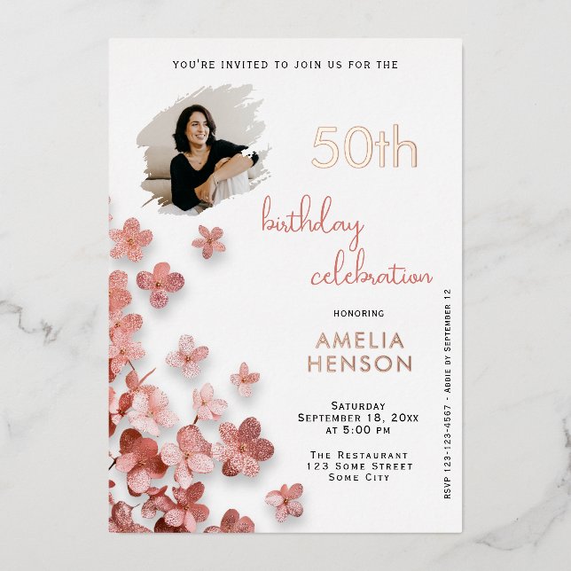  Pink Glitter Flowers Floral 50th Birthday Photo Foil Invitation (Front)