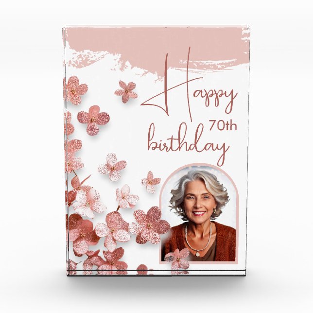 Pink Glitter Flowers Floral 70th Birthday Photo Block (Front)