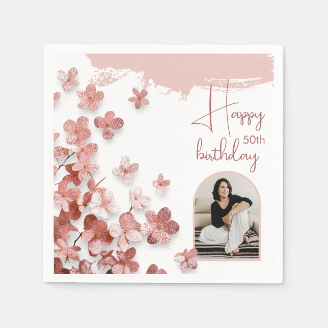 Pink Glitter Flowers Floral Photo 50th Birthday Napkins (Front)