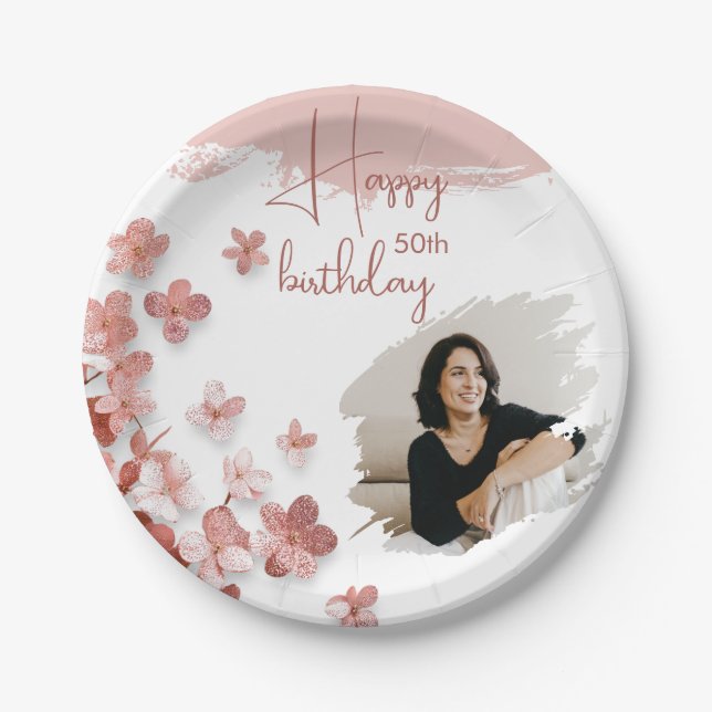 Pink Glitter Flowers Floral Photo 50th Birthday Paper Plates (Front)