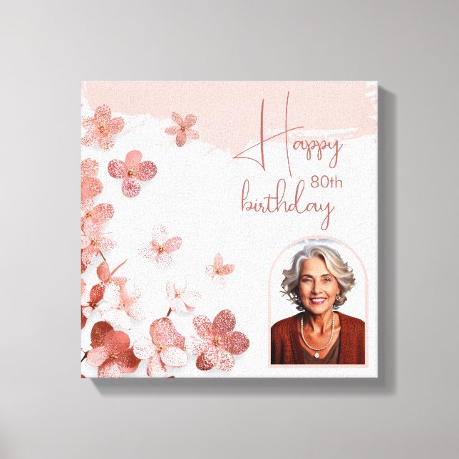 Pink Glitter Flowers Floral Photo 80th Birthday Canvas Print (Front)