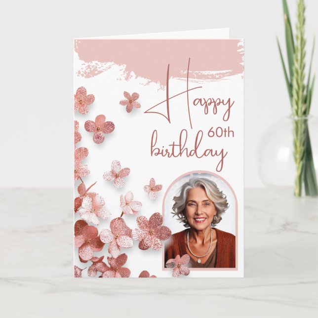 Pink Glitter Flowers Floral Woman Photo Birthday Card (Front)