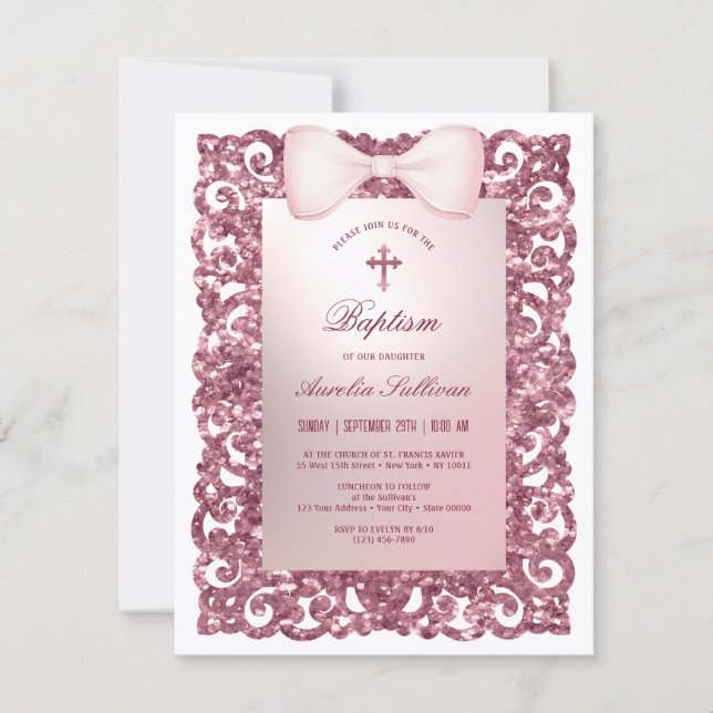 Pink Glitter Frame Bow Baptism Invitation (Front)