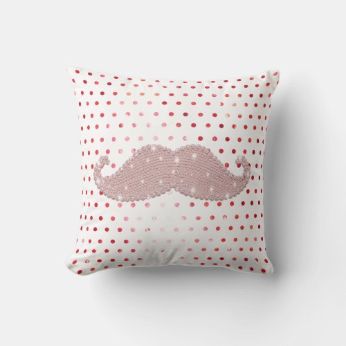 Pink glitter funny mustache ombre polka dots throw pillow