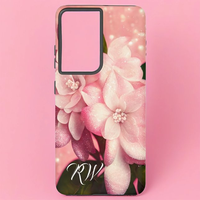 Pink Glitter Gardenia Monogram Samsung Galaxy Case (Creator Uploaded)