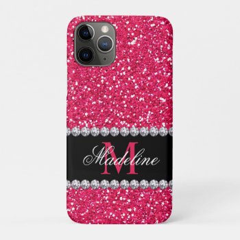 Pink Glitter  Gem  Monogrammed Iphone 11 Pro Case by CoolestPhoneCases at Zazzle