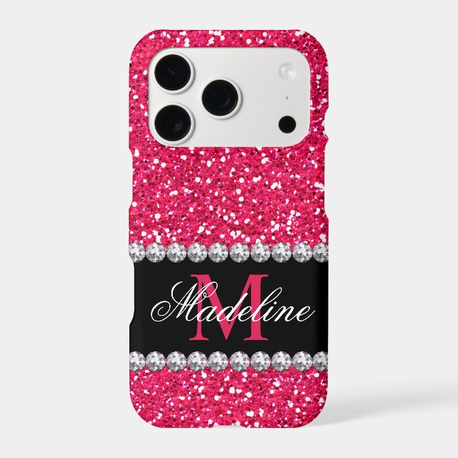 Pink Glitter, Gem, Monogrammed Iphone Case (Back)