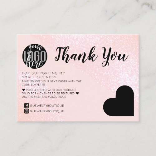 Pink Glitter Geo Heart Logo Customer Thank You Business Card