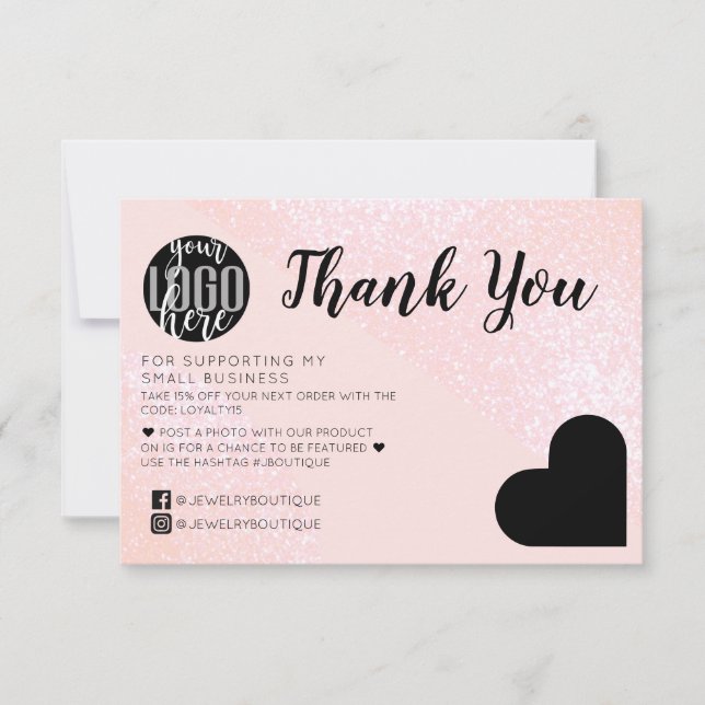 Pink Glitter Geo Heart Logo Customer Thank You Card (Front)