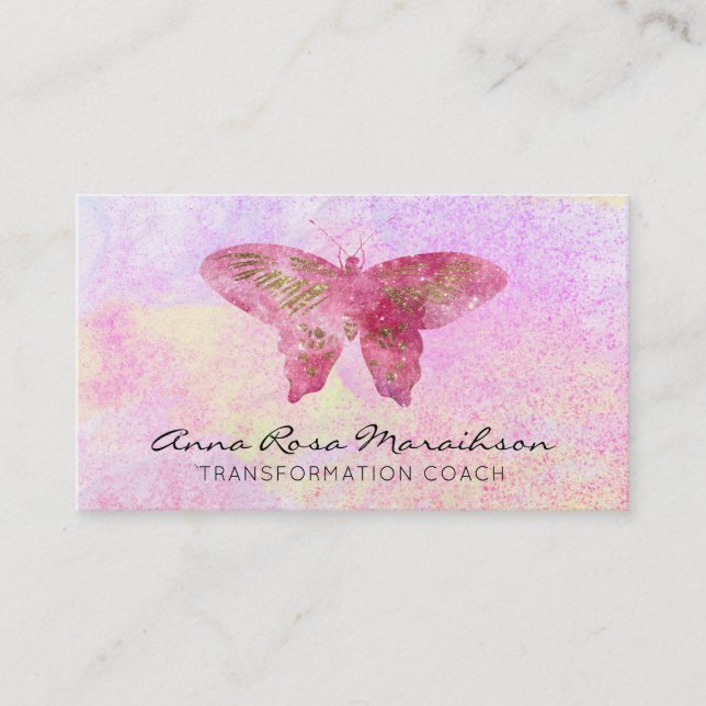 *~* Pink Glitter Gilded Pastel Fantasy Butterfly Business Card (Front)