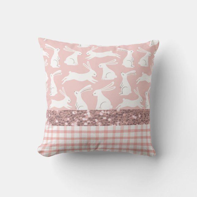 Pink Glitter Gingham Plaid Rabbits Throw Pillow (Front)