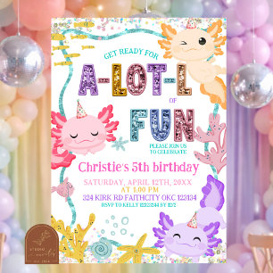 Pink Glitter girl Axolotl birthday invitation