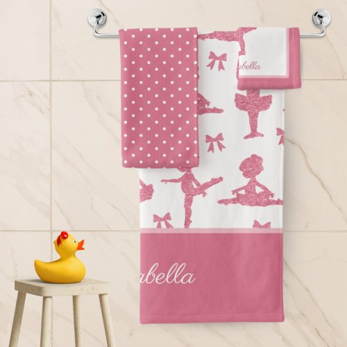 Pink Glitter Girl Ballerina Pattern Bathroom Bath Towel Set