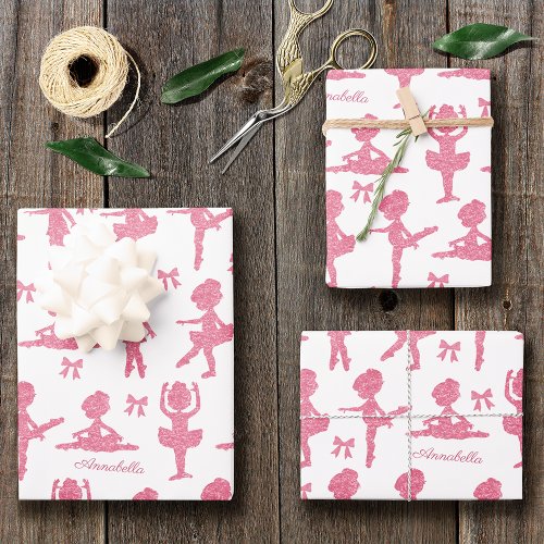 Pink Glitter Girl Ballerina Pattern Birthday Party Wrapping Paper Sheets