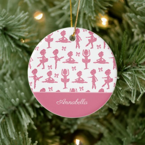 Pink Glitter Girl Ballerina Pattern Christmas Ceramic Ornament