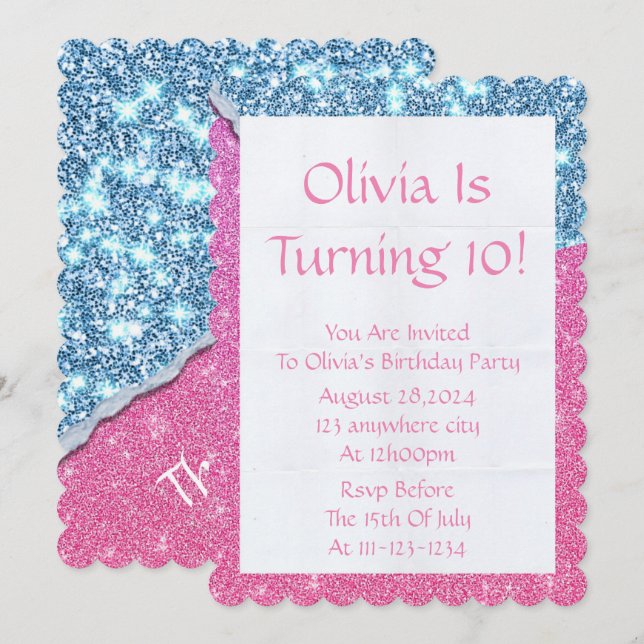 PINK GLITTER GIRL BIRTHDAY INVITATION (Front/Back)