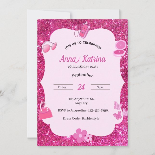 Pink glitter girl  birthday  invitation (Front)