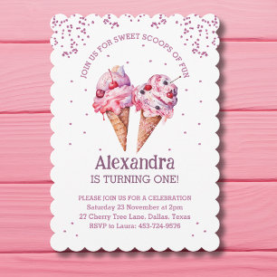 Pink Glitter Girl Ice Cream 1st Birthday Invitation